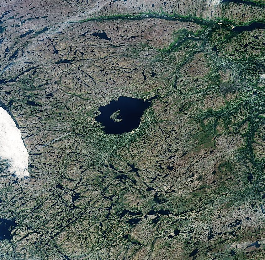 Satellite view of Mistastin Lake in Labrador, Canada.