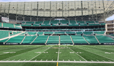 A view from the sidelines of Regina's Mosaic Stadium.