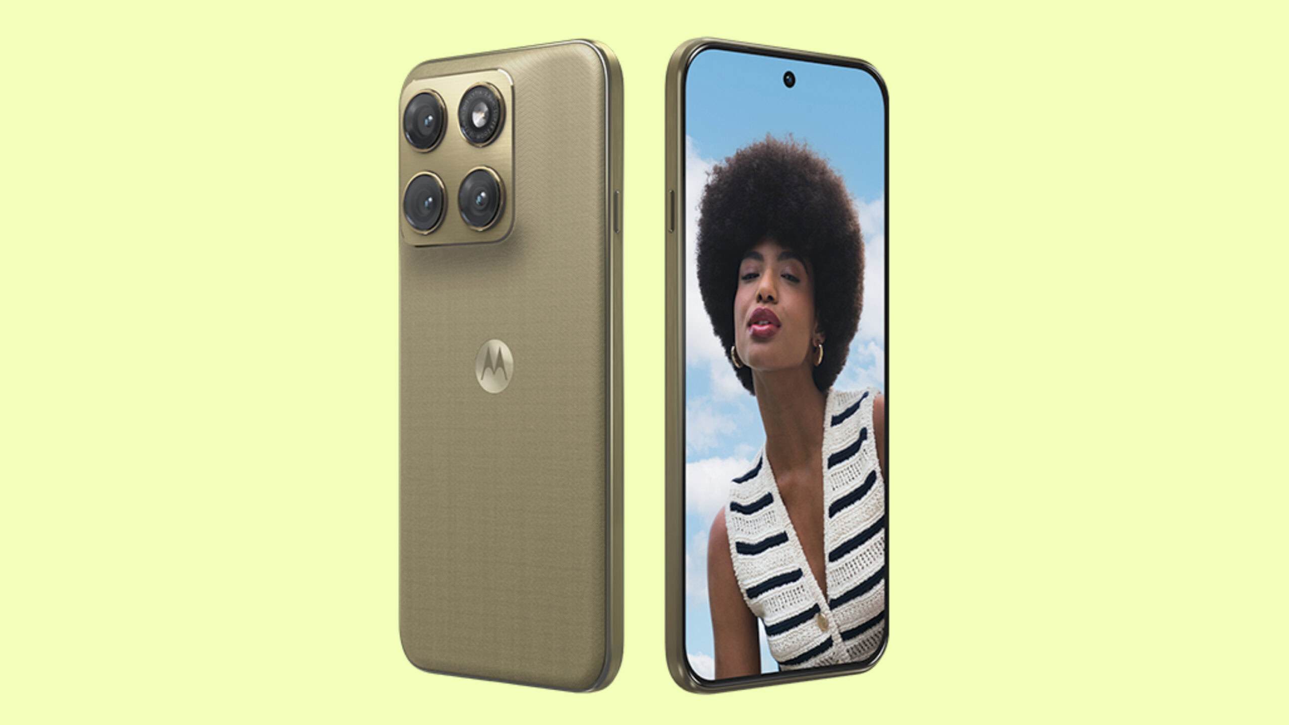 motorola edge 2026 front back background Render of the Motorola Edge 2026 against a yellow background.