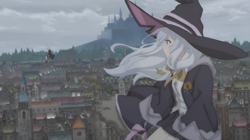 Elaina flies on her broom to survey the city in Wandering Witch: The Journey of Elaina