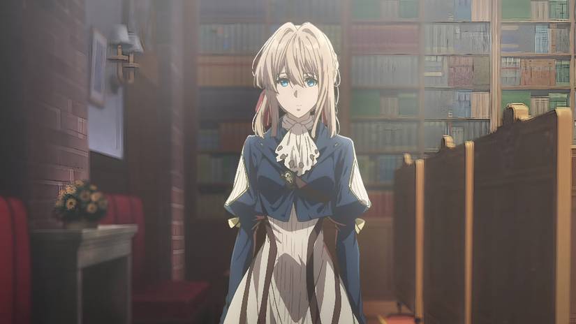 Violet stands in the library and looks ahead in Violet Evergarden
