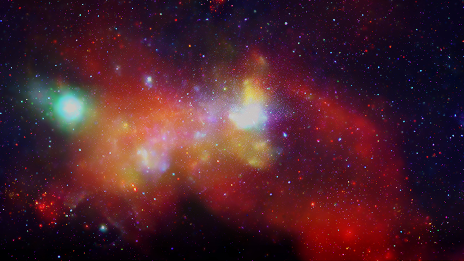A splotchy red scene with some golden and green blobs.