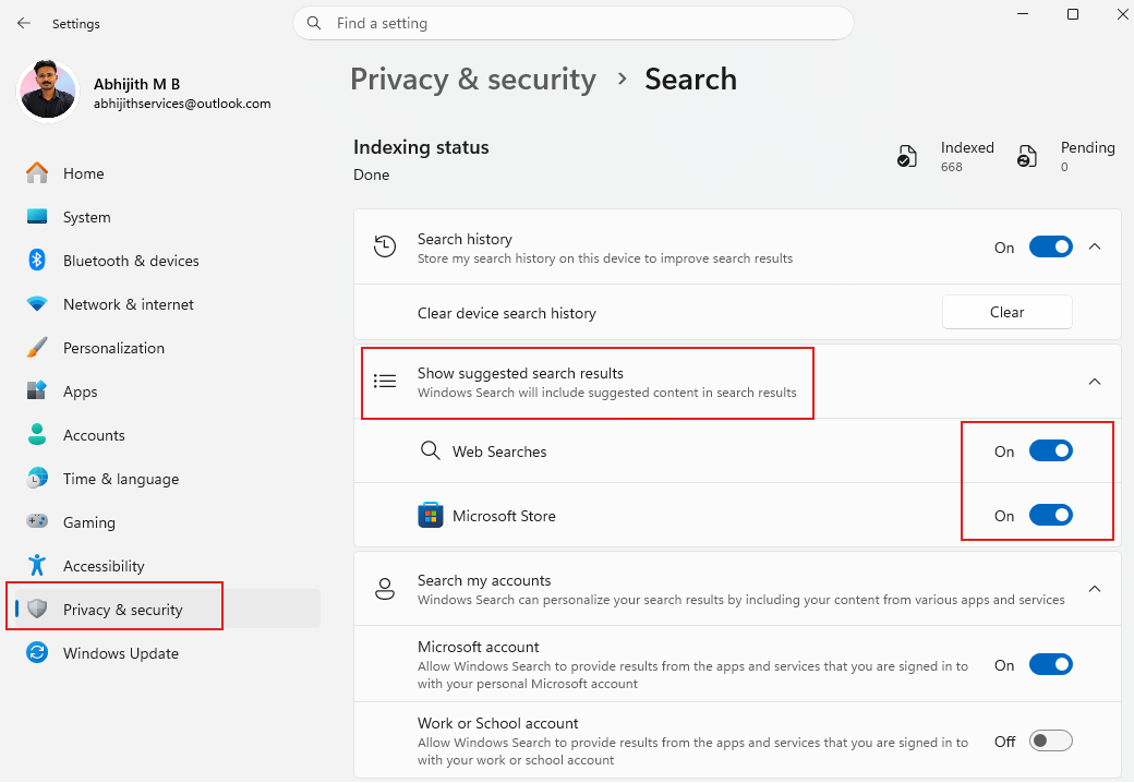 new toggles to turn off Web Searches and Microsoft Store in Windows Search