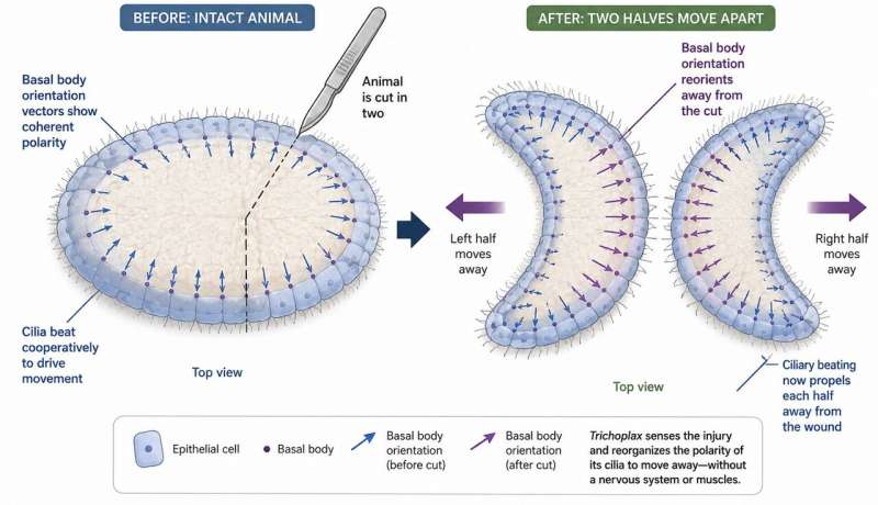 Touch triggers travel. A cut causes Trichoplax to rapidly rotate the microscopic anchors of its cilia (basal bodies), redirecting thousands of ciliary "oars" in unison so that each half moves away from the injury—all without a nervous system. Credit: generated by the author for illustrative purposes No Brain, No Nerves, No Problem: This Flat Ocean Animal 'Feels' a Touch and Crawls Away in Seconds