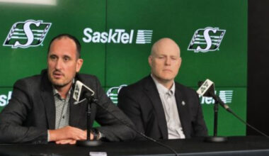 Saskatchewan Roughriders CEO Craig Reynolds (left) and Chief Financial Officer Kent Paul announce the team's financials from last season.