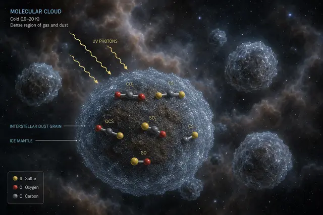 Representation of how VUV photons break up sulfur molecules. Credit - Olli Sipilä