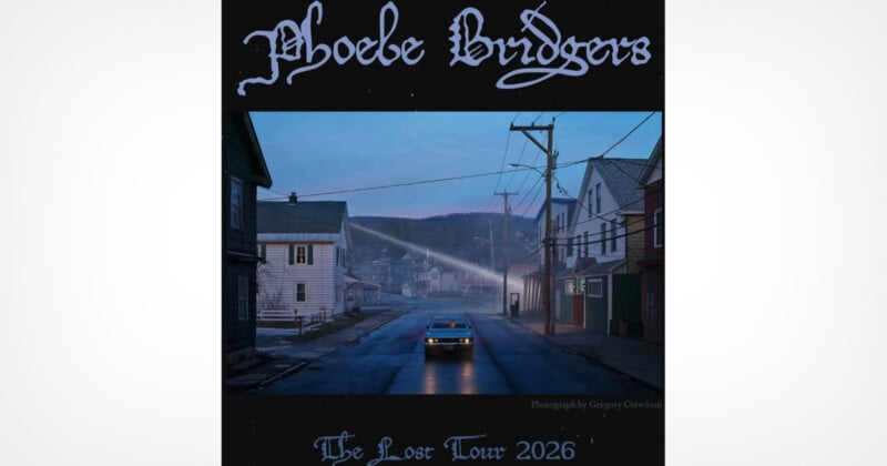 A lone car drives down a quiet, empty street at dusk, surrounded by small houses and buildings. Text above reads "Phoebe Bridgers," and below, "The Lost Tour 2026.