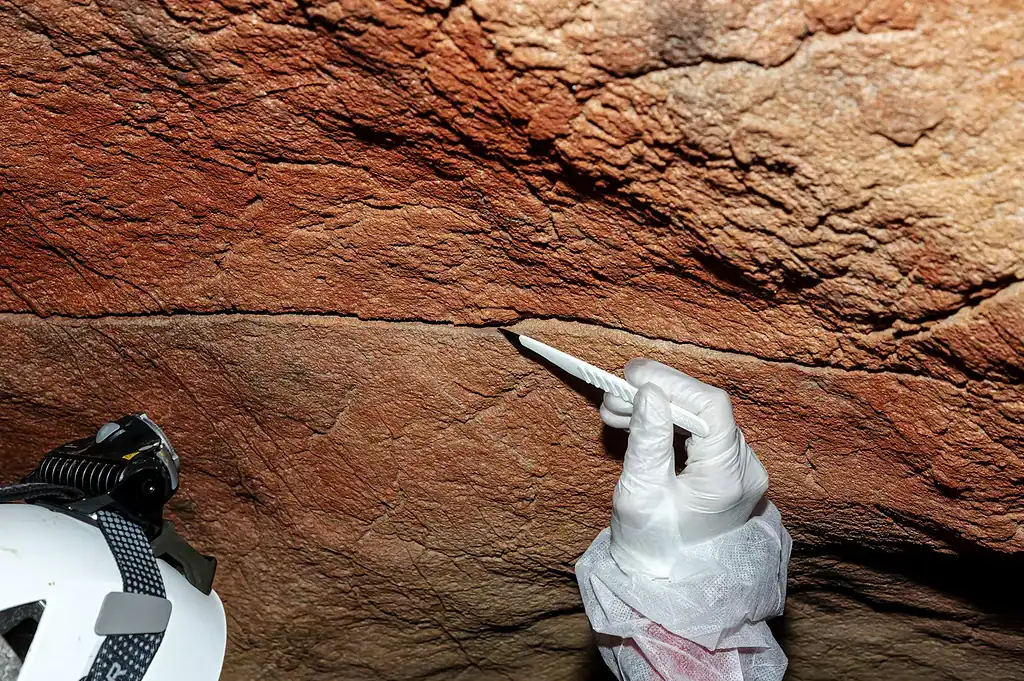 Researcher collecting sample from cave wall with a tool and wearing gloves.