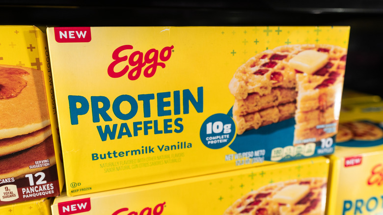 Box of Eggo protein waffles in store freezer