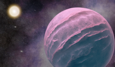 A pinkish world in the foreground while a glowing star is in the background.