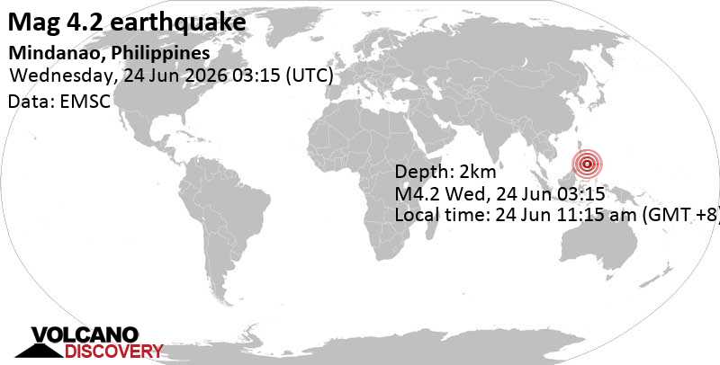 4.2 quake Province of Lanao del Norte, 21 km south of Ozamiz City, Philippines, Jun 24, 2026 11:15 am (Manila time)