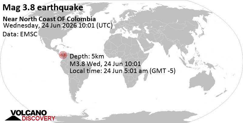 3.8 quake Caribbean Sea, 52 km west of San Juan de Uraba, Antioquia, Colombia, Jun 24, 2026 05:01 am (Bogota time)