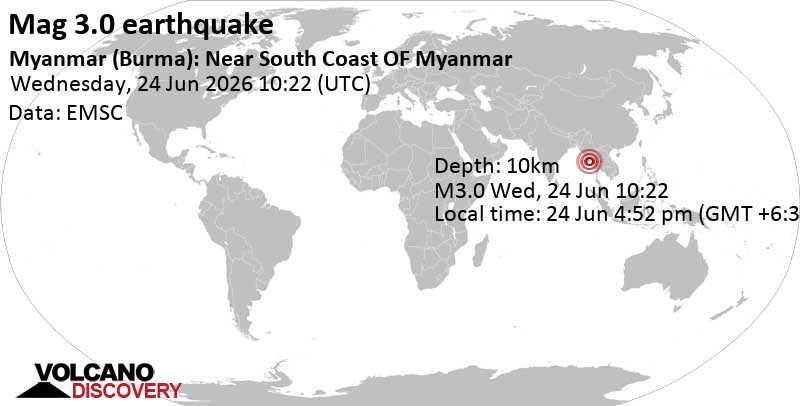 3.0 quake 22 km south of Kyauktan, Yangon, Myanmar, Jun 24, 2026 04:52 pm (GMT +6:30)