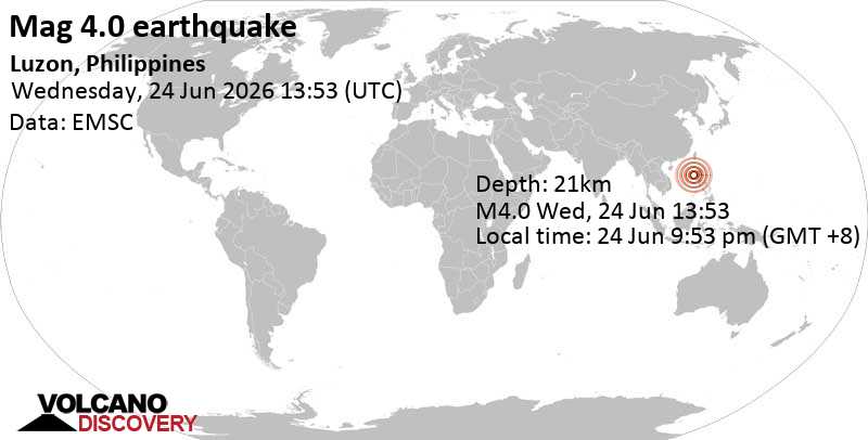4.0 quake South China Sea, 94 km west of Santiago Island, Philippines, Jun 24, 2026 09:53 pm (GMT +8)
