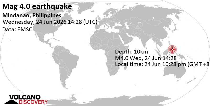 4.0 quake Celebes Sea, 10.8 km west of Sarangani Island, Philippines, Jun 24, 2026 10:28 pm (Manila time)