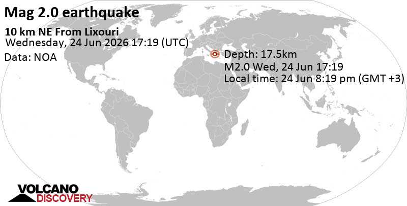 2.0 quake 9.2 km north of Argostoli, Kefallonia Regional Unit, Ionian Islands, Greece, Jun 24, 2026 08:19 pm (GMT +3)