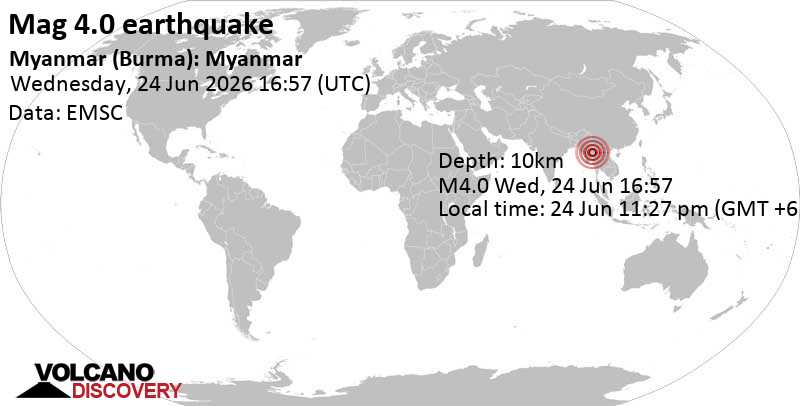 4.0 quake Thailand Jun 24, 2026 11:27 pm (Yangon time)