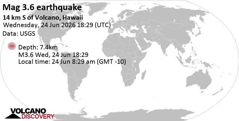 3.6 quake 30 mi south of Hilo, Hawaii County, Hawaii, United States, Jun 24, 2026 08:29 am (Honolulu time)