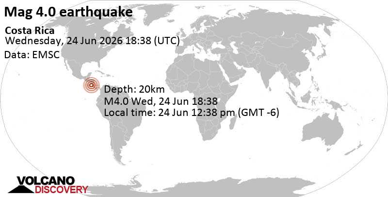 4.0 quake North Pacific Ocean, 65 km northwest of Liberia, Costa Rica, Jun 24, 2026 12:38 pm (Costa Rica time)