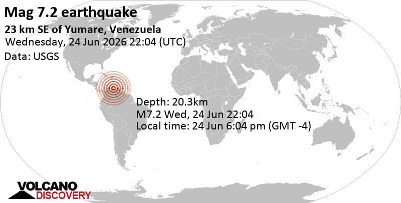 7.2 quake 26 km northeast of San Felipe, Estado Yaracuy, Venezuela, Jun 24, 2026 06:04 pm (Caracas time)