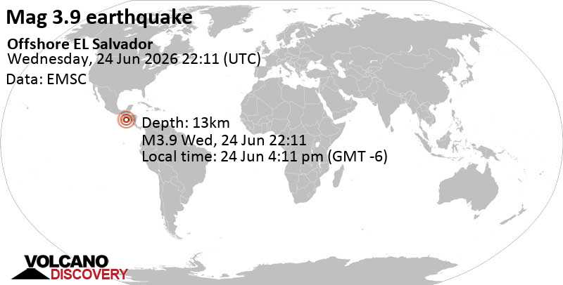 3.9 quake North Pacific Ocean, 67 km southwest of Acajutla, El Salvador, Jun 24, 2026 04:11 pm (GMT -6)