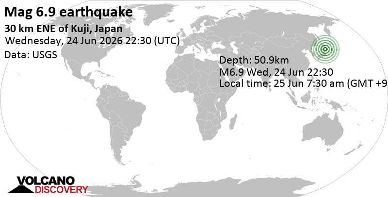 6.9 quake Iwate, 315 km south of Sapporo, Hokkaido, Japan, Jun 25, 2026 07:30 am (GMT +9)
