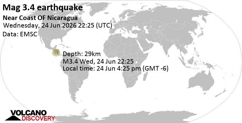 3.4 quake North Pacific Ocean, 73 km southwest of Leon, Departamento de Leon, Nicaragua, Jun 24, 2026 04:25 pm (GMT -6)
