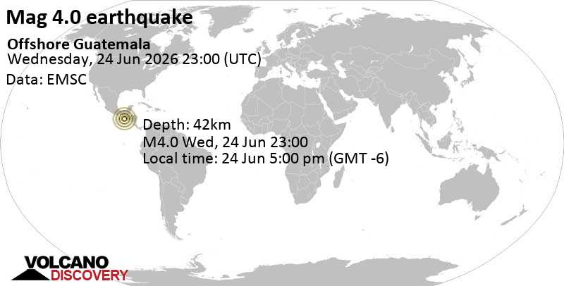 4.0 quake North Pacific Ocean, 54 km southwest of Tiquisate, Guatemala, Jun 24, 2026 05:00 pm (Guatemala time)