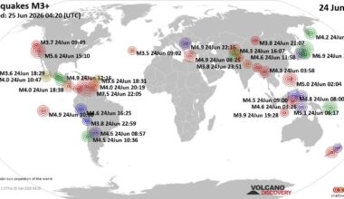 Worldwide earthquakes above magnitude 3 during the past 24 hours on 25 Jun 2026