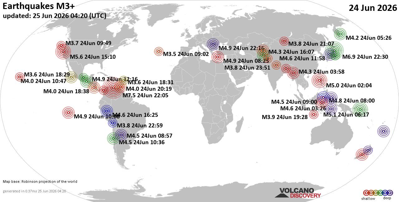 Worldwide earthquakes above magnitude 3 during the past 24 hours on 25 Jun 2026