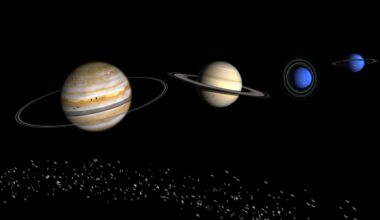 An illustration of the four gas giants of our solar system next to each other in the darkness of space.