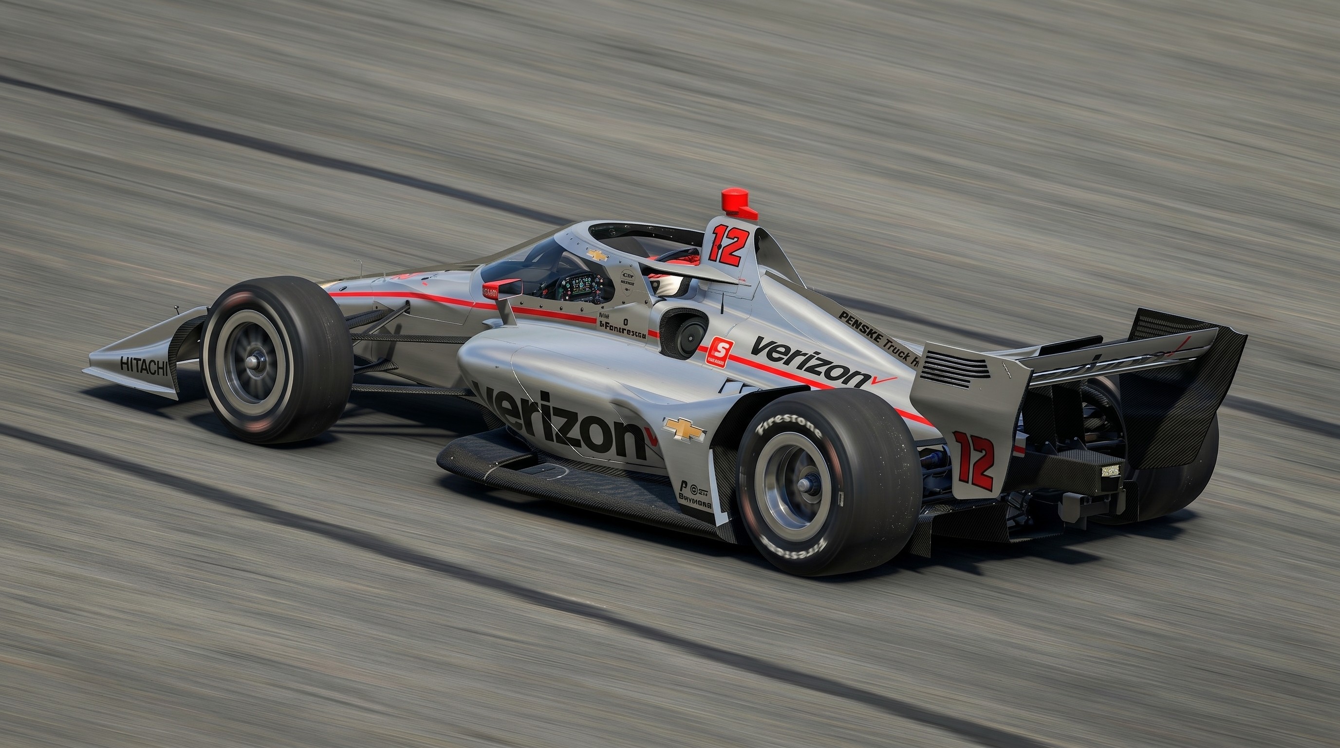 A screenshot from the iRacing sim of a silver Indycar bearing the Verizon logo