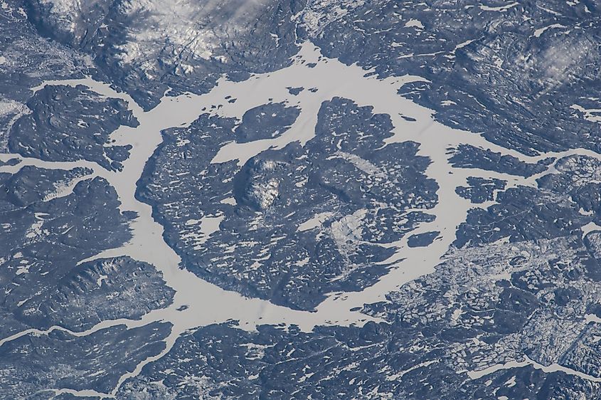Aerial image of René-Levasseur Island and Lake Manicouagan in the winter.