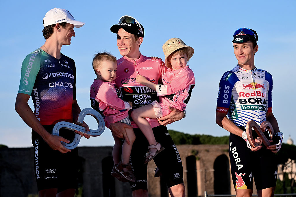 ROME, ITALY - MAY 31: Felix Gall of Austria second place, Jonas Vingegaard of Denmark first place and Jai Hindley of Australia thirt place during the award cerimony of 109th Giro d&amp;apos;Italia 2026, Stage 21 on May 31, 2026 in Rome, Italy. (Photo by Image Photo Agency/Getty Images)