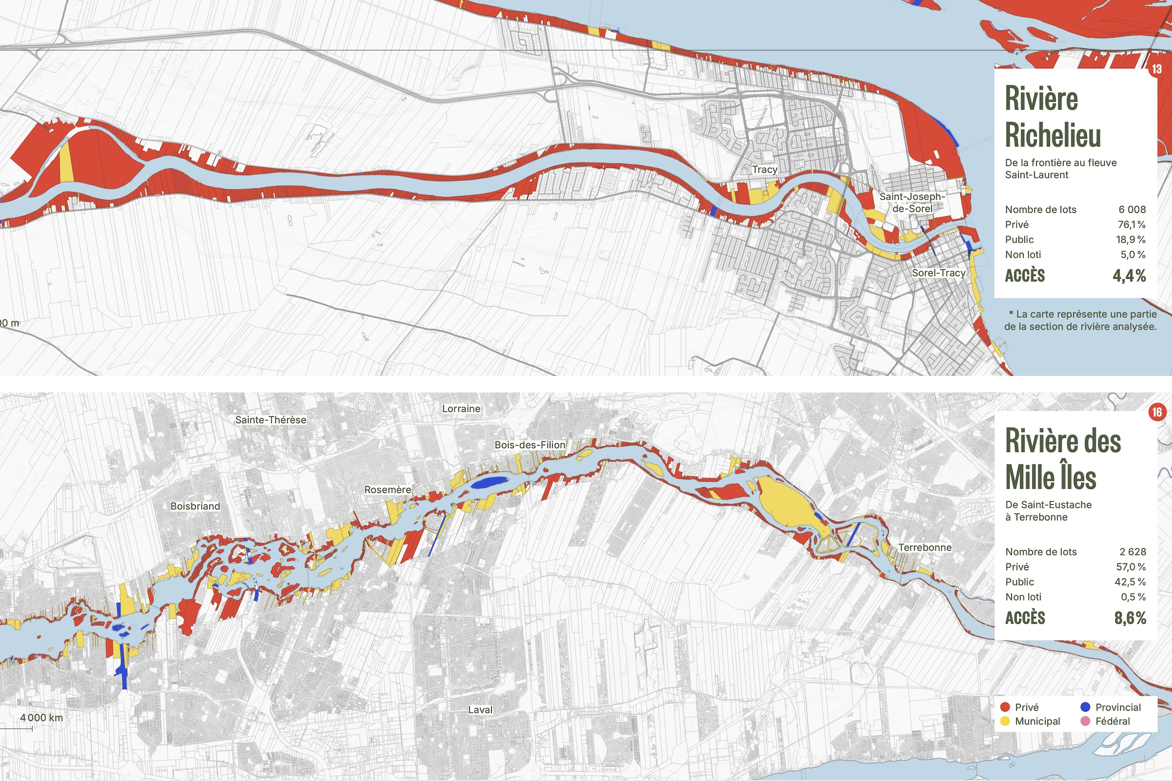 Maps of two rivers highlight lots along the shoreline, showing they're mostly privately owned.