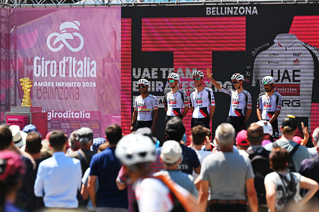 BELLINZONA, SWITZERLAND - MAY 26: Igor Arrieta of Spain, Mikkel Bjerg of Denmark, Jan Christen of Switzerland, Jhonatan Narvaez of Ecuador, Antonio Morgado of Portugal and UAE Team Emirates - XRG prior to the 109th Giro d&amp;apos;Italia 2026, Stage 16 a 113km stage from Bellinzona to Cari 1645m / #UCIWT / on May 26, 2026 in Bellinzona, Switzerland. (Photo by Tim de Waele/Getty Images)