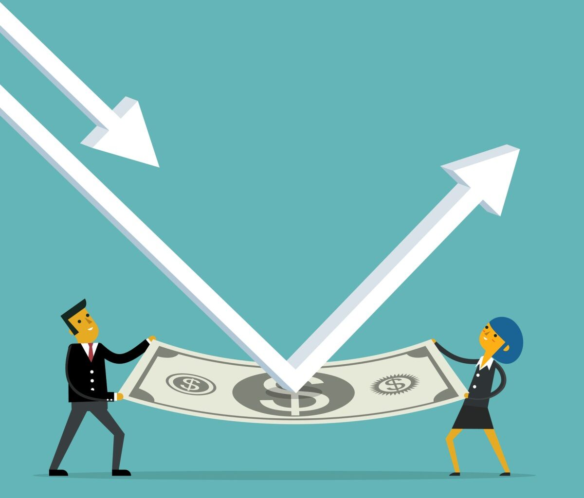 render of man and woman holding dollar bill, arrow deflecting off it