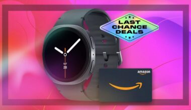 A black Samsung Galaxy Watch 8 and Amazon gift card against a red gradient background