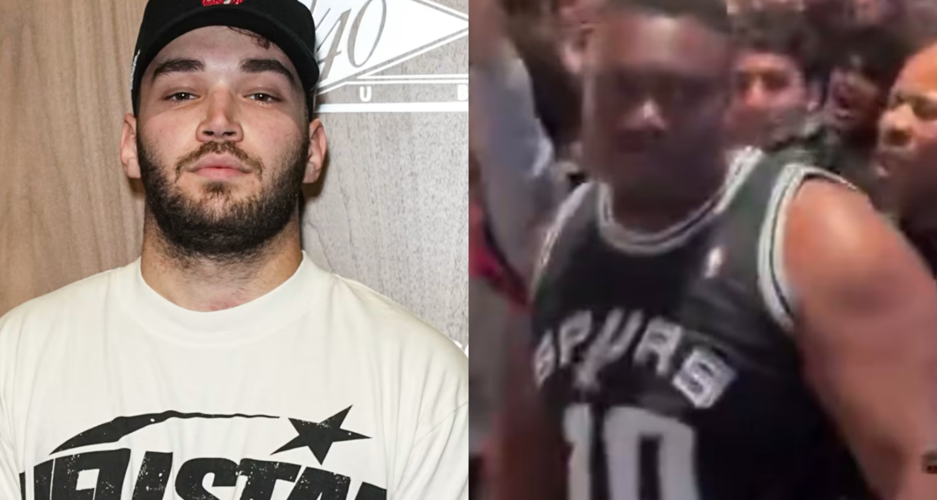 Adin Ross in a white "Hellstar" shirt and cap stands beside another man in a Spurs jersey in a crowded setting.