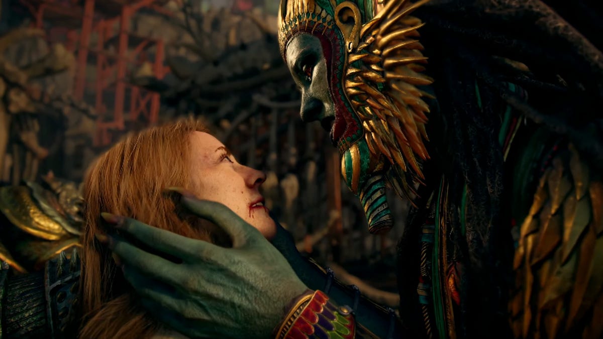 Faye being held by Sekhmet