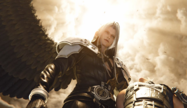 a screenshot of sephiroth from final fantasy 7 remake holding someone in his arms as he slowly flies up into the sky