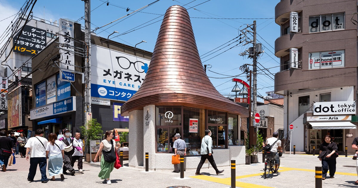 sculptural copper canopy tops micro-landmark community hub in tokyo