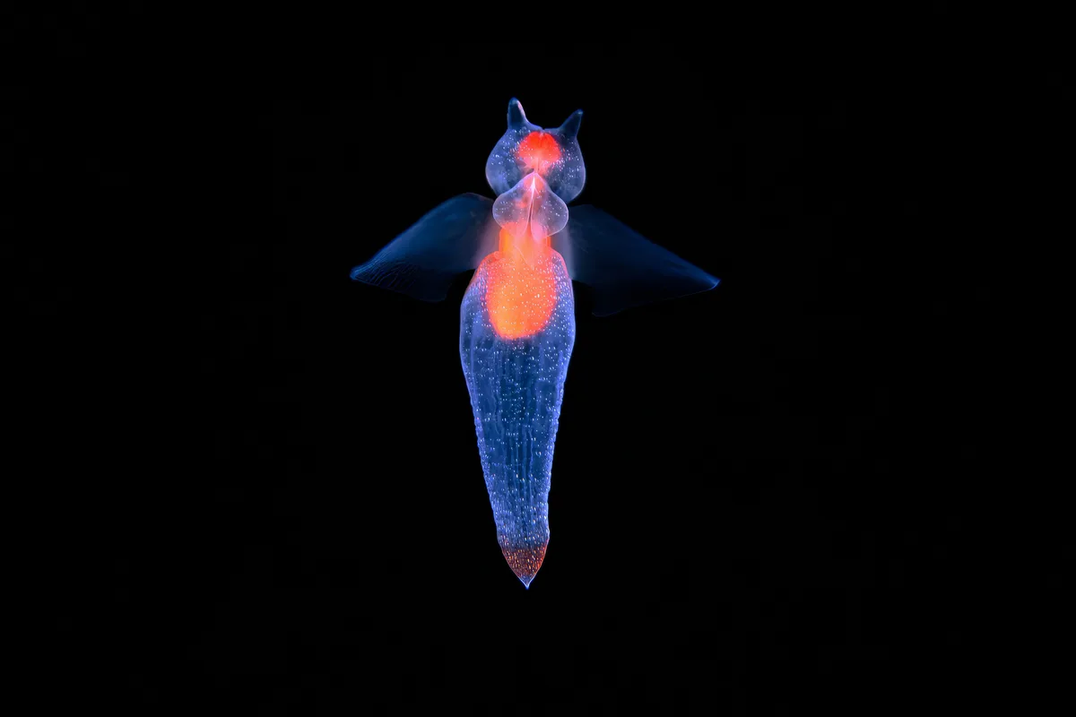 Sea angel (Clione limacina), a remarkable transparent pteropod, with a distinctive translucent body and wing-like appendages that propel it through with ethereal, angel-like movements 