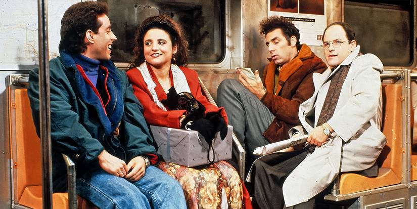 Jerry Seinfeld, Julia Louis-Dreyfus, Michael Richards, and Jason Alexander in "The Subway" in Seinfeld.