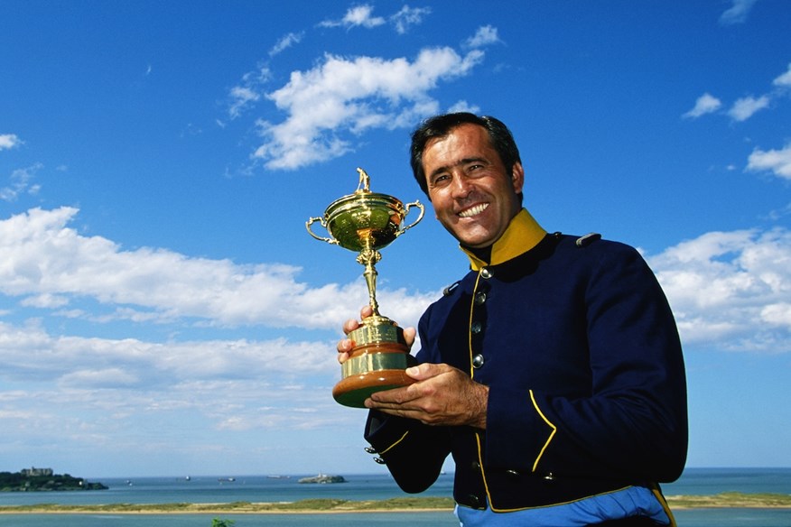 Team Europe captain Severiano Ballesteros with the Ryder Cup golf trophy after his team beat the USA at the Valderrama Golf Club.