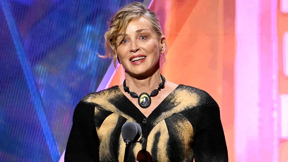 Sharon Stone speaking onstage at the 2026 Annual Movies for Grownups Awards in Beverly Hills