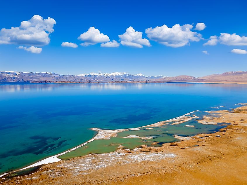 Aerial panoramic view of Karakul Lake in Tajikistan.