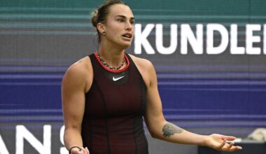 Belarus' Aryna Sabalenka reacts after a missed shot during her women's singles semi-final match against Jessica Pegula of the US at the WTA500 Berlin Tennis Open tournament in Berlin on June 20, 2026. (Photo by John MACDOUGALL / AFP)