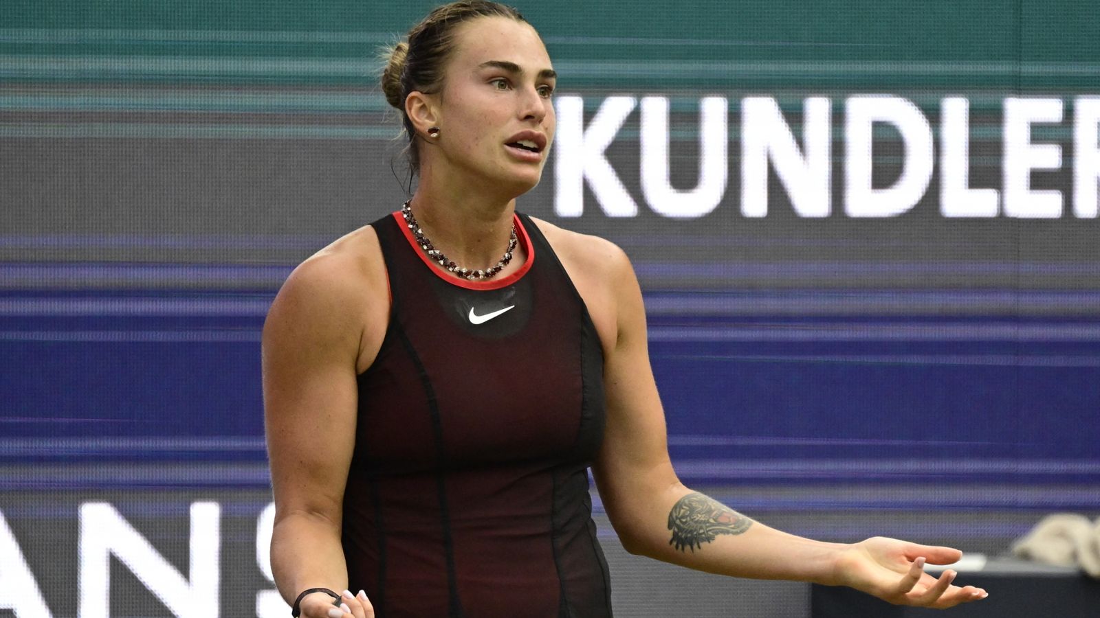 Belarus' Aryna Sabalenka reacts after a missed shot during her women's singles semi-final match against Jessica Pegula of the US at the WTA500 Berlin Tennis Open tournament in Berlin on June 20, 2026. (Photo by John MACDOUGALL / AFP)