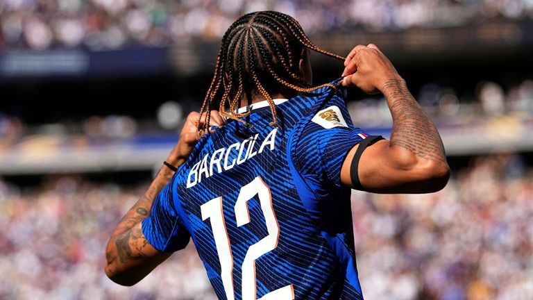 France's Bradley Barcola celebrates after scoring his side's second goal during the World Cup Group I soccer match against Senegal